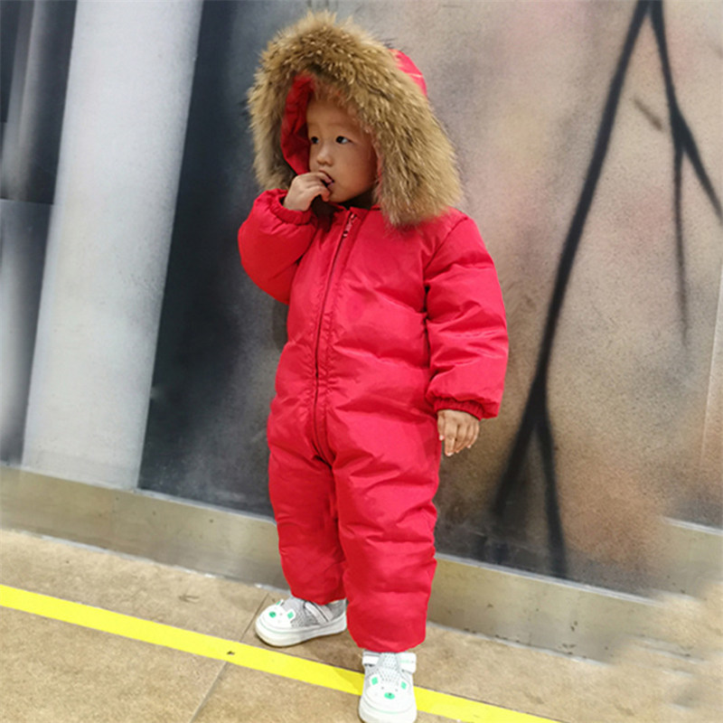 Russian Winter Infant Warm White Duck Down Rompers Children Outdoor Ski Sets new born Baby girl clothes Fur Hooded Jumpsuits -30 201028