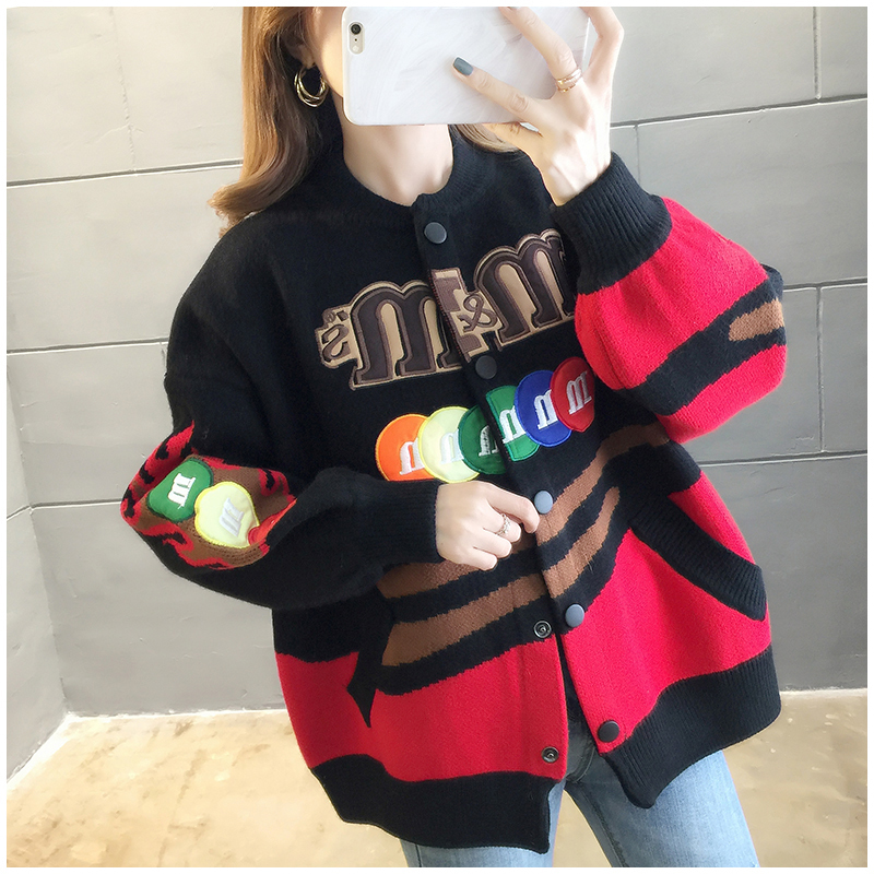 HWLZLTZHT Autumn Woman Jacket Knitted Cardigan Cartoon Harajuku Sweater Women Patchwork Woman Coat Loose Outwear 201026