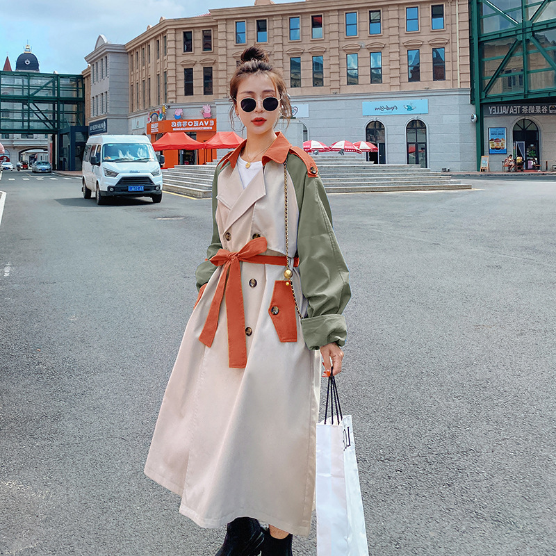 DEAT Autumn Fashion Womens Trench Coat Casual Full Sleeve Lapel Collar Patchwork Hit Color Slim Long With Belt TX175 201030