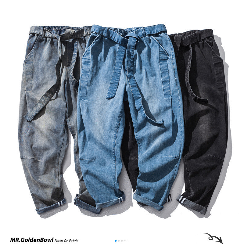 MrGoldenBowl Store Men Denim Jeans Men Harem Jeans Pants Male Drawstring Belt Vintage Trousers 201223
