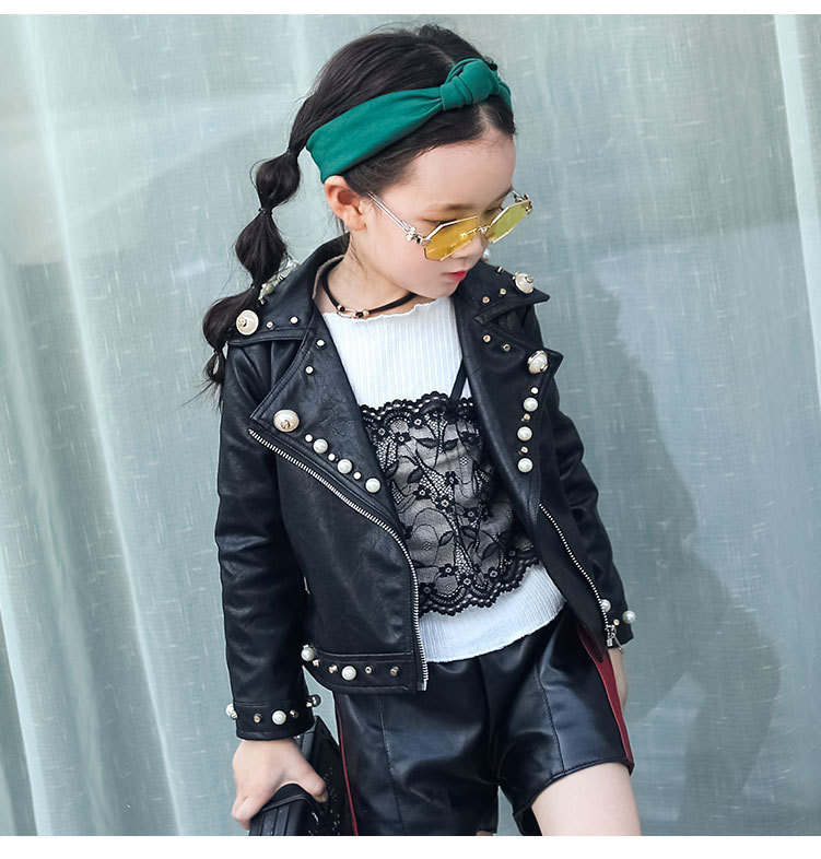 Spring and Autumn Children's Clothing Girls Pearl Leather PU Leather Children's British Shirt Zip-up Jacket 201125