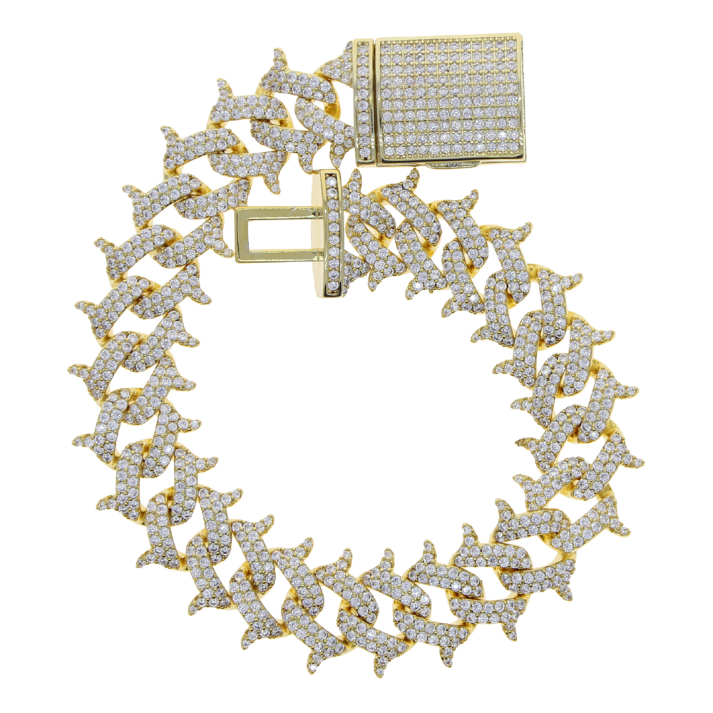 15mm Spikes Rivet Stud Mens Charm Bracelet Bangle Iced Out Gold Silver Color cuban chain Bracelets Hip Hop Punk Gothic Bling Jewelry
