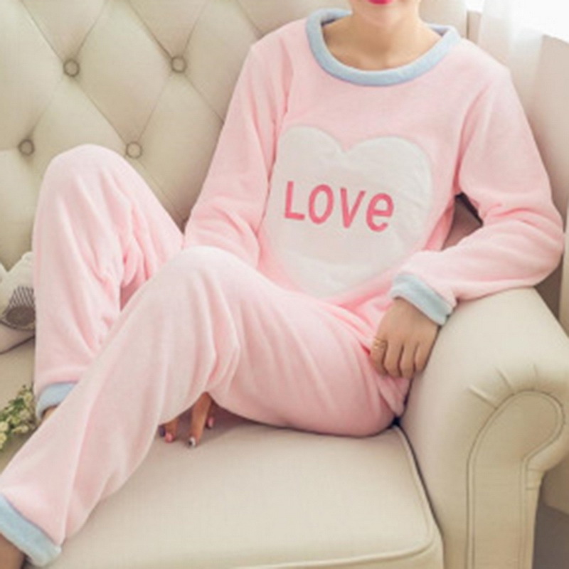 Winter Pajamas Women Korean Sleepwear Cute Cartoon Flannel Pajamas Set Velvet Warm Pijama Round Neck Pyjama Homewear Women 201113