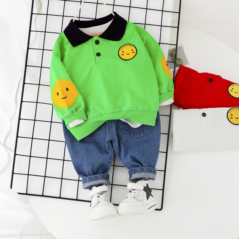 Spring Autumn Children Casual Clothing Kids Tracksuits Baby Boy Girl Cartoon T-Shirt Jeans 2pcs/Set Toddler Cotton Clothes SuitsX1019