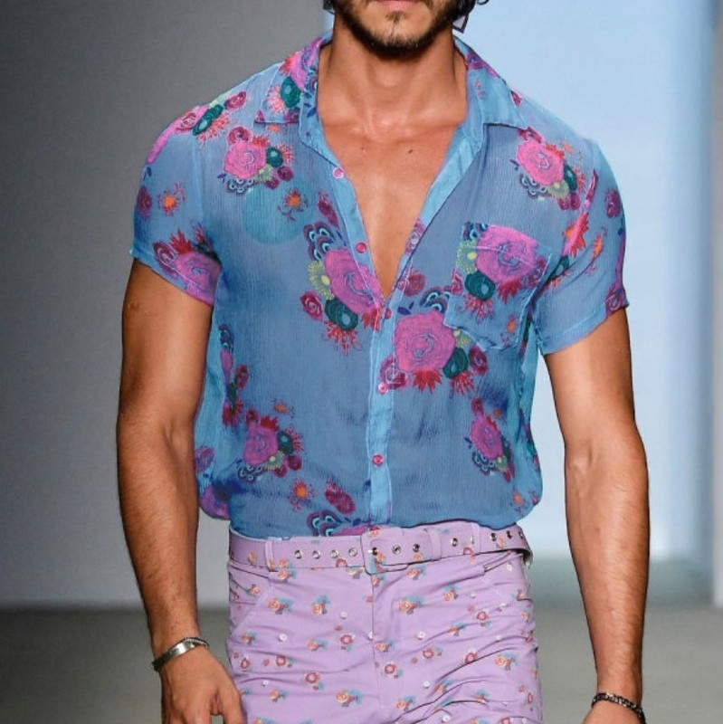Floral Transparent Lace Sheer Shirt Men Sexy See Through Mens Dress Shirts Casual Short Sleeve Party Beach Holiday Chemise 220312