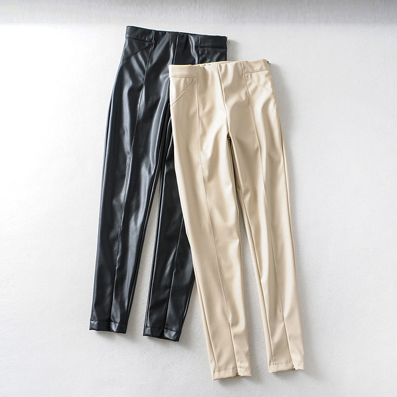 Aachoae Women Stylish PU Faux Leather Stretch Pants Solid High Waist Ladies Pencil Trousers Full Length Streetwear Bottoms 201109