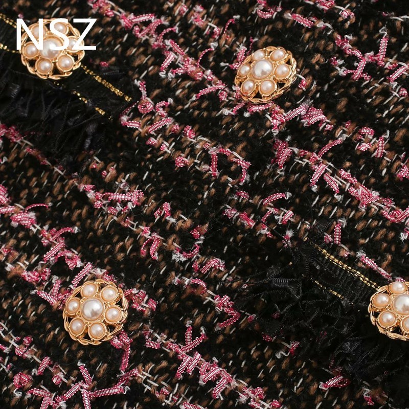 NSZ women houndstooth tweed cropped jacket long sleeve tassel plaid short coat pearl button contrast color motorcycle jacket 201023