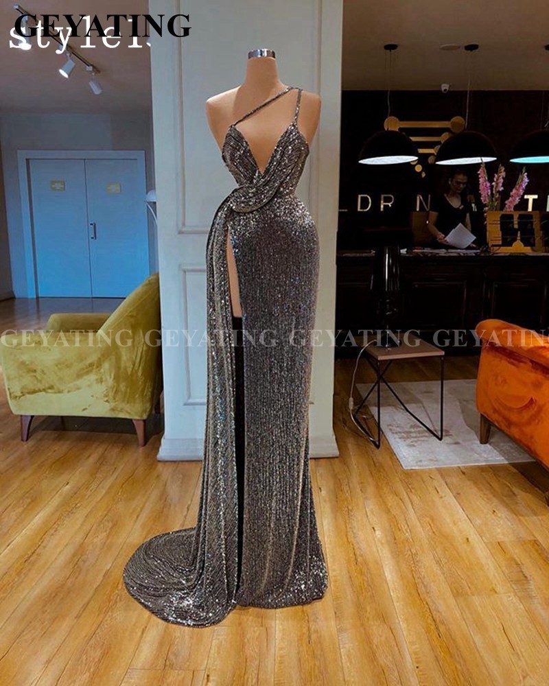 Dubai Gray Sequin One Shoulder Mermaid Evening Dress Long Sleeve High Slit African Prom Dresses High Neck Arabic Formal Gowns T200604
