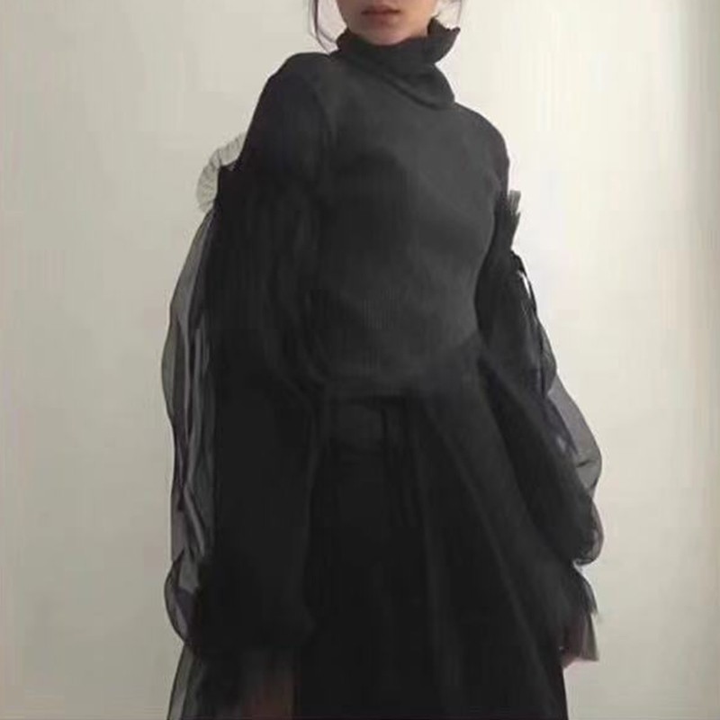 TWOTWINSTYLE Patchwork Sweater Women Turtleneck Puff Long Sleeve Ruffle Hem Knitting Pullover Tops Female Spring Korean 201223