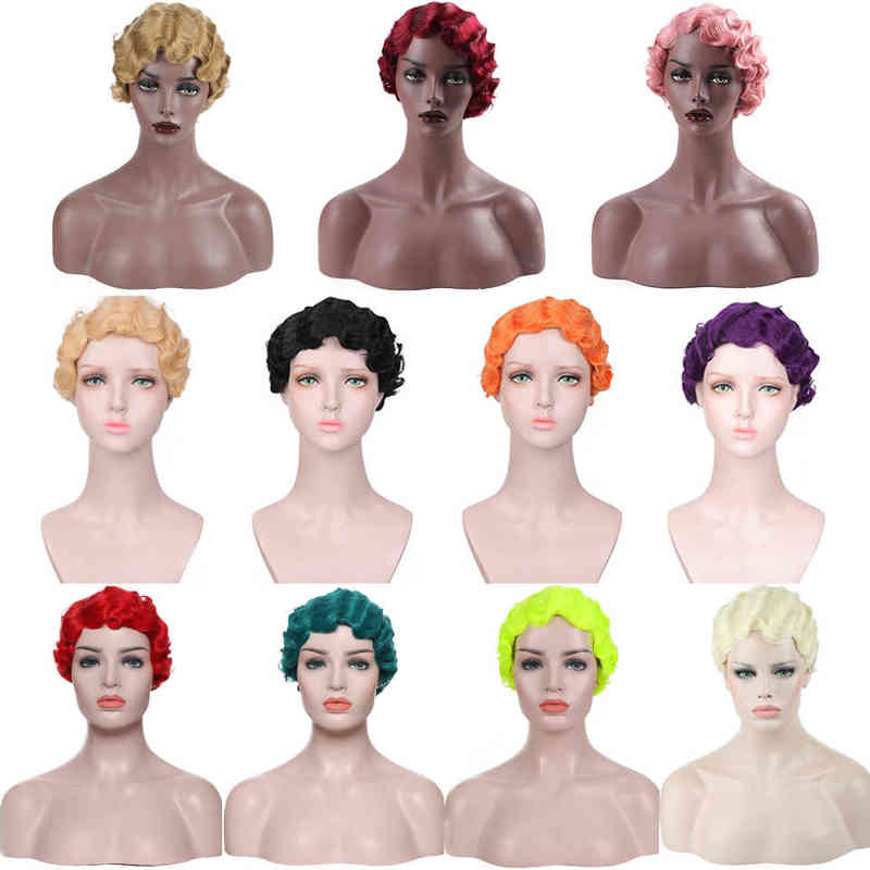 Hairpiece Ailiade 6inches Vintage Short Finger Wave Synthetic Wig Afro Kinky Curly Wigs for Woman Black Purple Blonde Heat Resistant Hair 0121