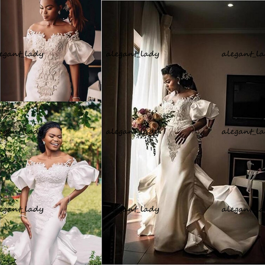 African Mermaid Wedding Dresses 3D-Floral Applique Lace Ruffles Satin Bridal Gown Sweep Train Custom Made Robe De Mariee