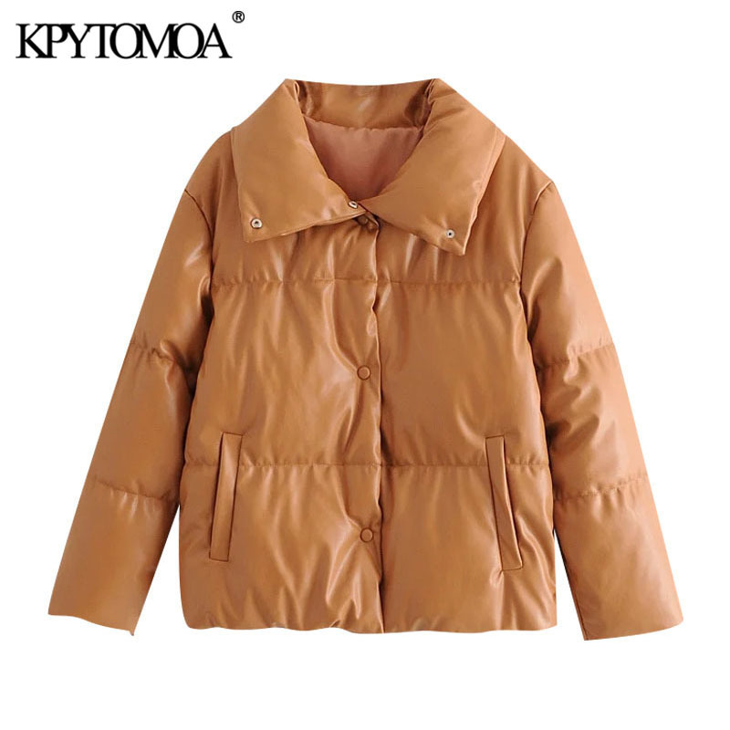 KPYTOMOA Women Fashion Thick Warm Parkas Faux Leather Padded Jacket Coat Vintage Long Sleeve Pockets Female Outerwear Chic Tops 201201