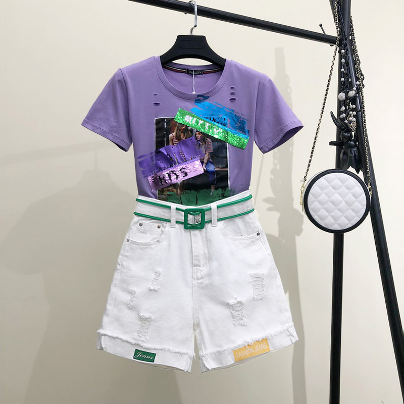 2020 Summer Cotton Womens Tracksuit Clothes Set 2 Piece Sequin Harajuku Letter Tops White Jeans Shorts Pants Outfit Suit 3XL T200603