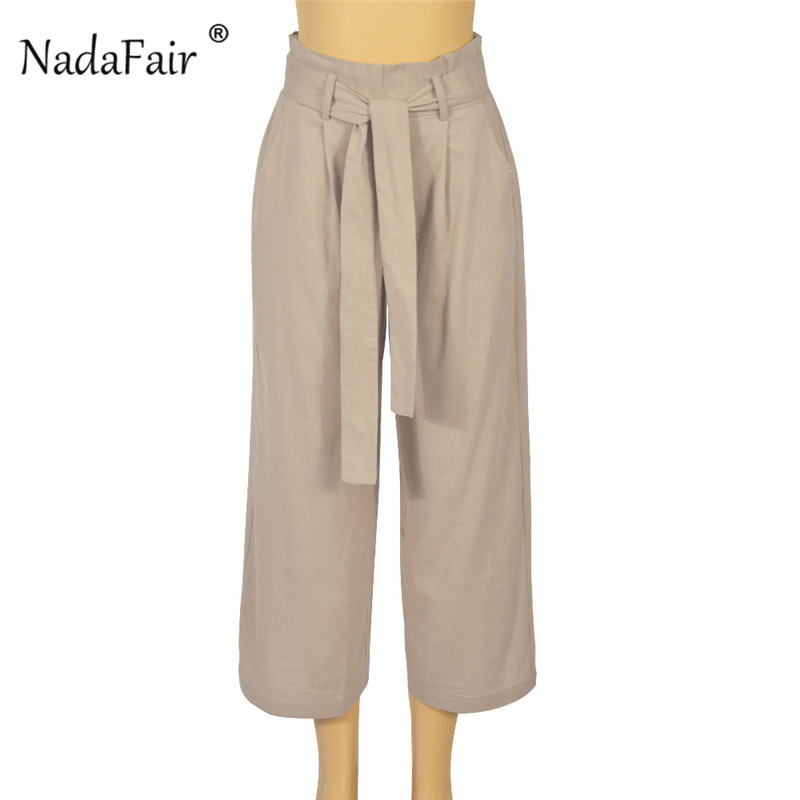 Nadafair Casual High Waist Straight Pant Women Belted Wide Leg Capris Trouser Spring Summer Ankle-length Pants Female T200319