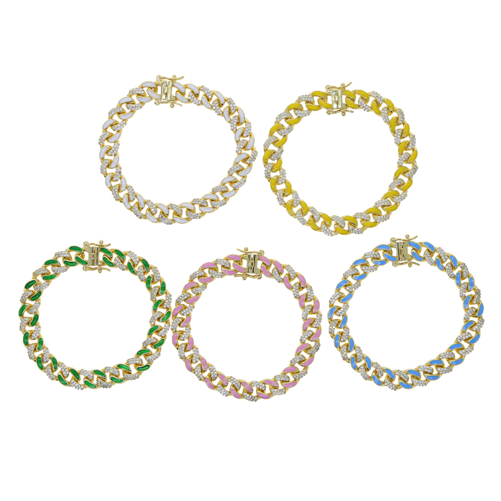 2021 Iced Out Women Lady Hip Hop Bracelet Bangle with Cz Paved 8mm Cuban Chain Enamel Colorful Beautiful Wedding Bracelet Wholesale Gifts