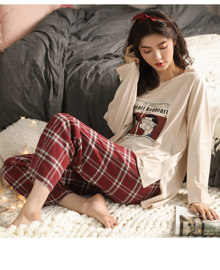 Women Home wear Long Sleeve spring checked Pajamas Sets wine red plaid Cotton Sleepwear girls indoor clothing female housewear 210203