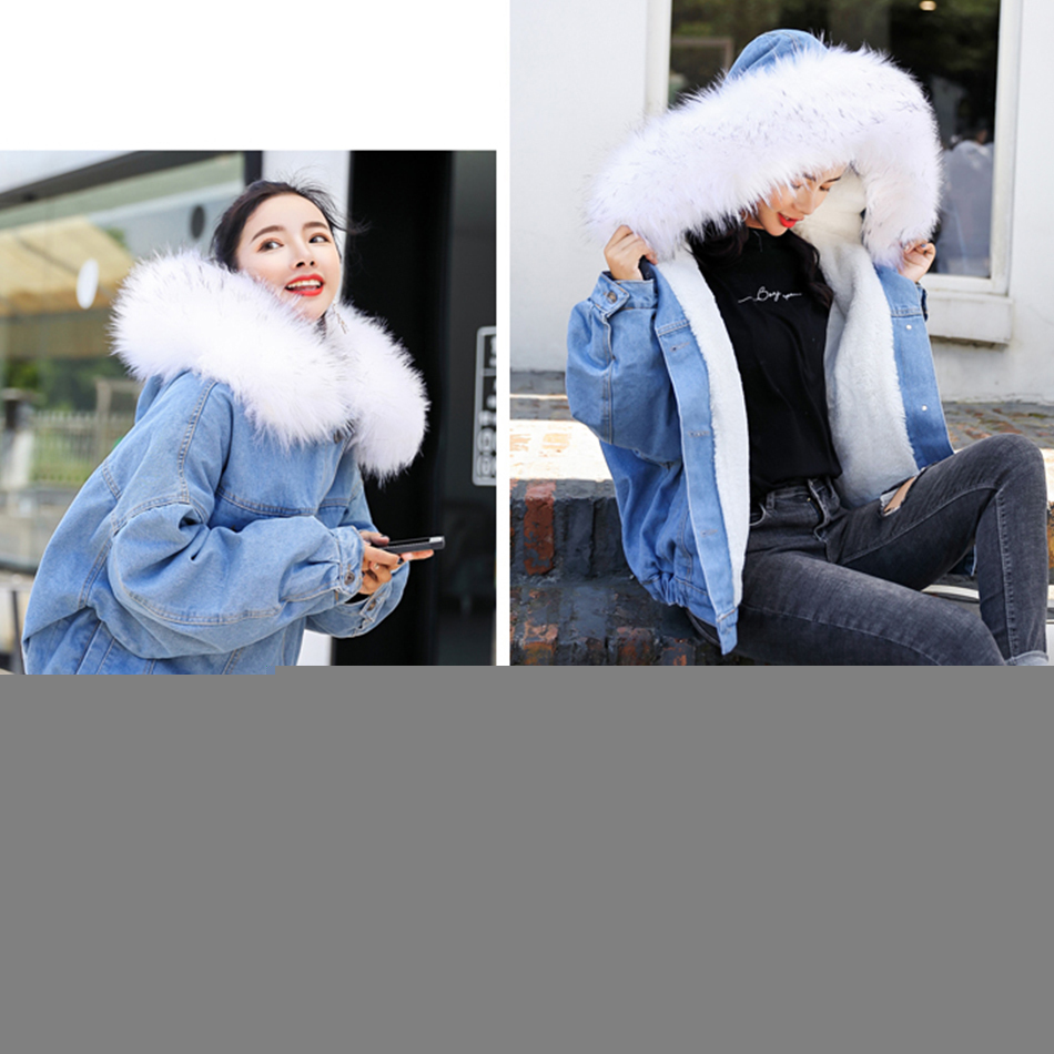 Hooded Fur Denim Jackets Women Liner Cotton Winter Thicker Denim Coats Ladies Casual Jacket Female Plus Size Loose Outerwear Top T200111