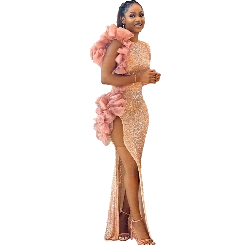 Aso Ebi Sparkly Sequined Sheath Prom Dresses Side High Split Floor length Rose Pink Long Pageant Cocktail Party Dress One Sleeve Jewel Neck Ruffle Eve