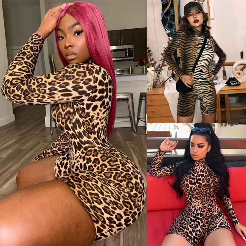 Women Sexy Leopard Print Long Sleeve Turtle Neck Body suit Leotard Playsuit Casual Club Party Jumpsuit Romper T200527