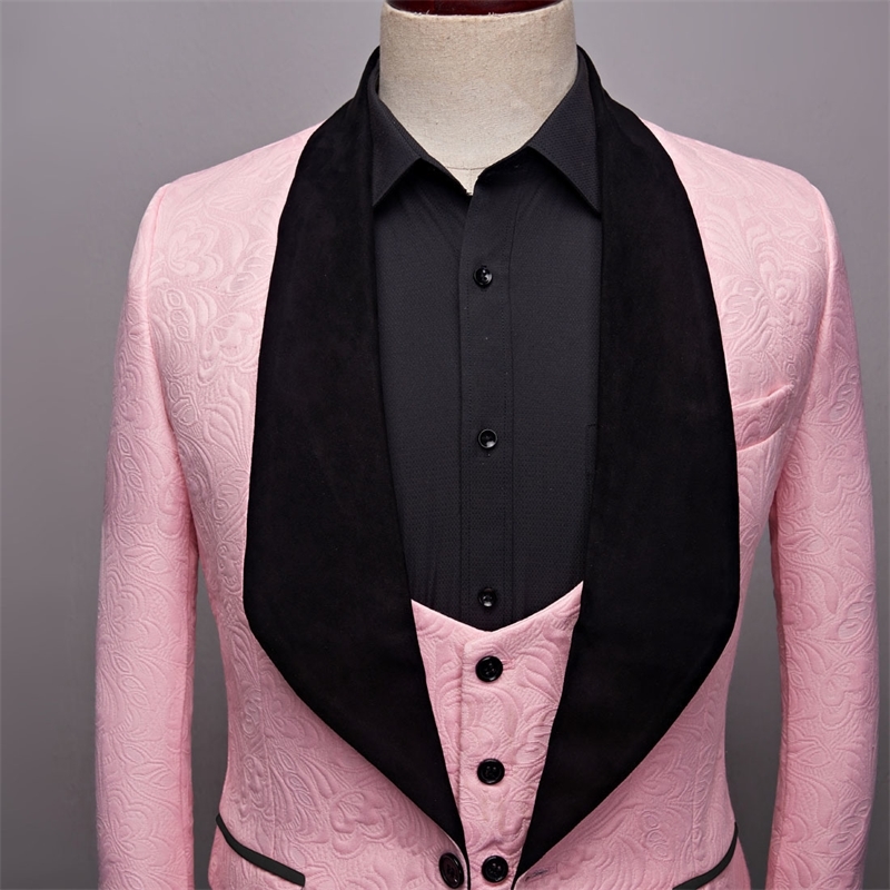 PYJTRL Mens Fashion Big Shawl Lapel 3 Pieces Set Pink Red Blue White Black Wedding Groom Suits Quality Jacquard Banquet Tuxedo 201106