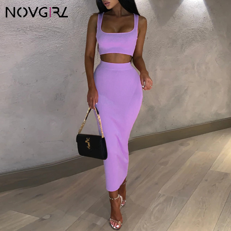 

Novgril Rib Knit Two Piece Set Dress Women 2019 Summer Neon Vest Crop Top and Long Skirt 2 Piece Suit Sexy Club Party Midi Dress Y200701, White