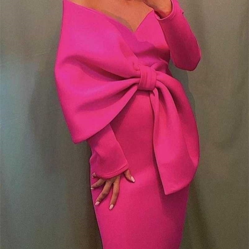 

Women Long Party Dresses Bare Shoulder Big Bow Large Size Slim Bodycon Celebrity Birthday Dinner Occasion Gowns 3XL 220208, Rose