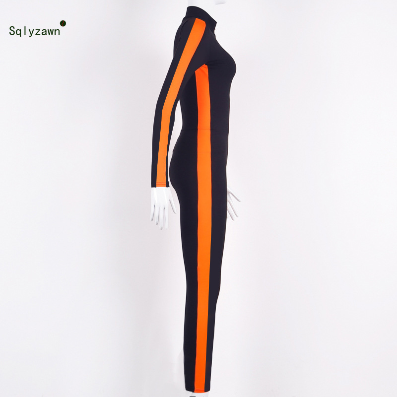 Autumn Long Sleeve Neon Orange Green Stripe Bodycon Jumpsuit Women Sexy Black Zipper Romper Gothic Fall Glitter Overall Bodysuit 201007