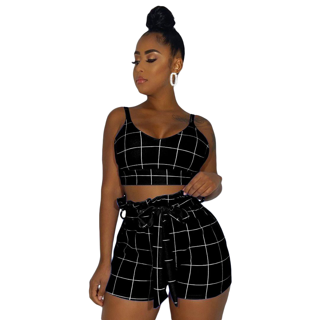 New Women Sets Summer Tracksuits Plaid Print TopsShorts Suit Two Piece Set Club Party Sashes Street 2 Pcs Outfits GL736 T200603