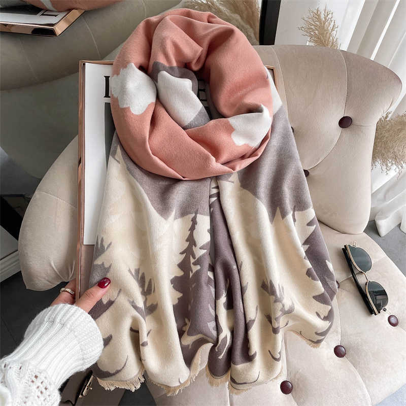 180*65cm Echarpe Warm Thick Cashmere Scarf Women Print Doubel-sided Blanket Shawl And Wraps Tessel Bufanda Female Pashmina 220114