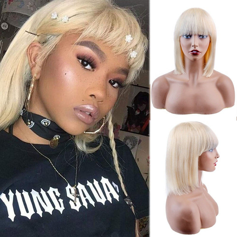 Full-Machine 613# Bob Wig Peruvian Virgin Human Hair Straight Blonde Color 10-16inch Bob Wig Bangs Blonde Light Color