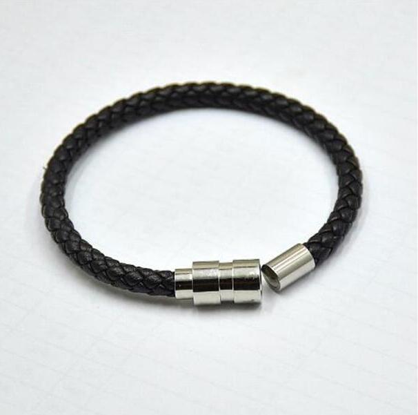 Promotion Men Magnetic Buckle Black Leather Braid charm Bracelet Fashion Jewelry Silver Wholesale price Bracelets For Men Gift ( No Box )