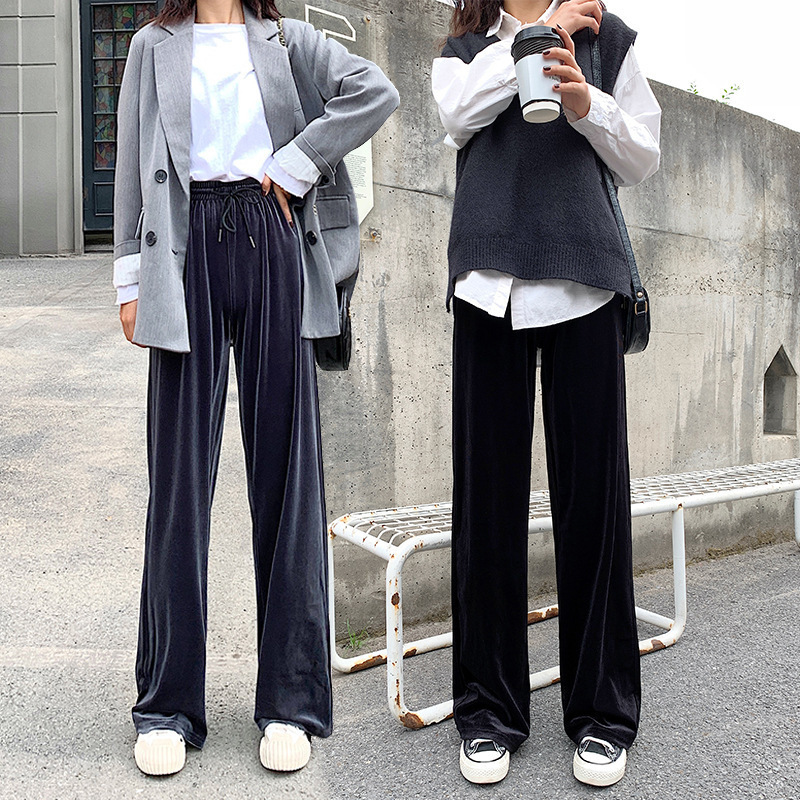 Casual Women Pants velvet pants Autumn Long straight wide soft leg Trousers Elastic waist high quality Female 201031