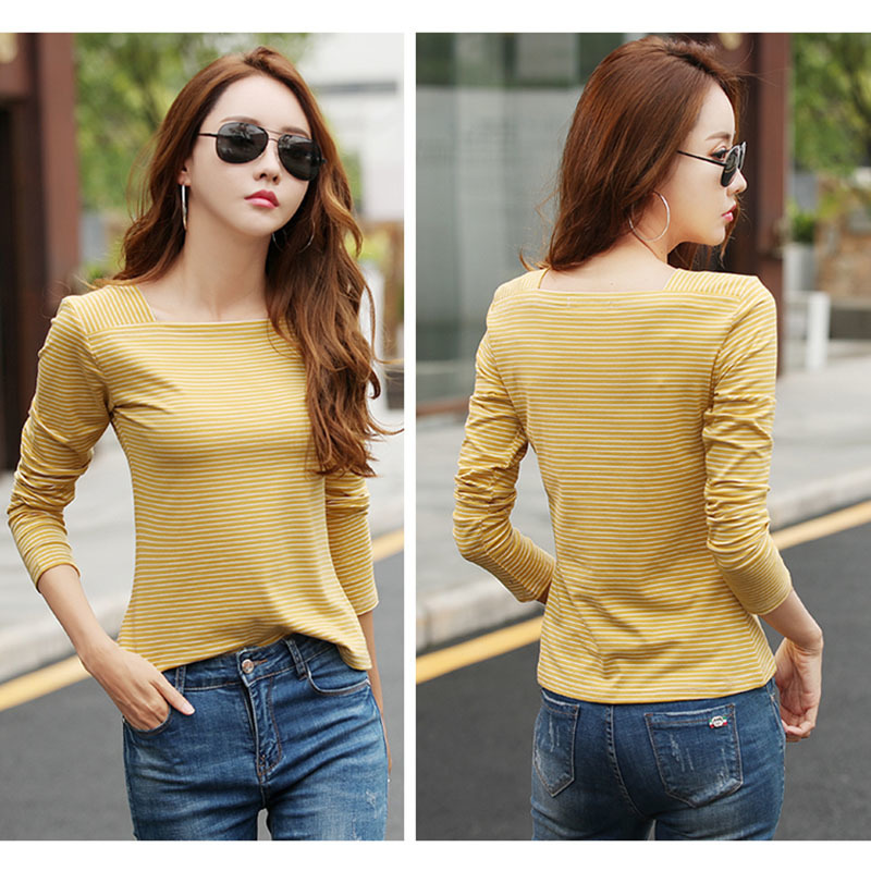 Long Sleeve T Shirt Ladies Women's Tshirt Striped Cotton Fashion Autumn Square Collar Casual Tops Female Yellow Black G50 201028