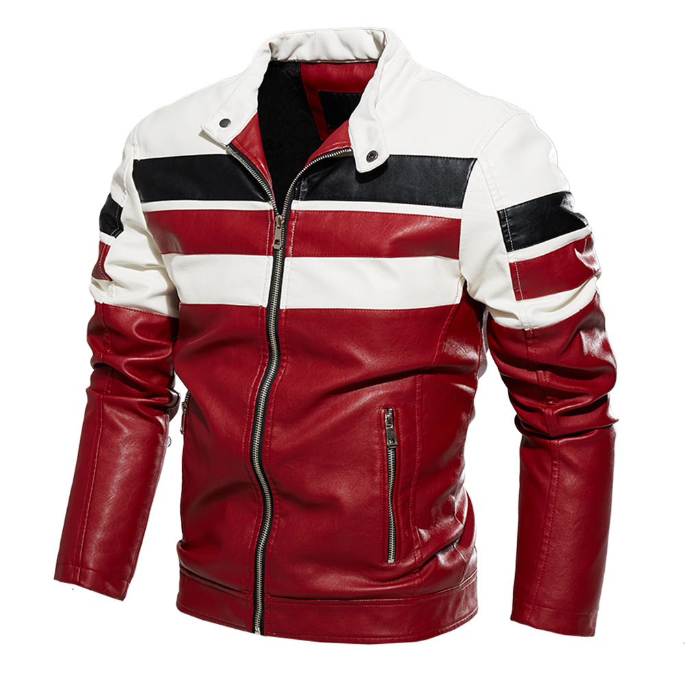 Mens Jacket Stripe Colorblock Bomber Jacket Street Wear Autumn Winter Coats Men Leather Fur Jacket Motorcycle Slim Fit Coat 201127