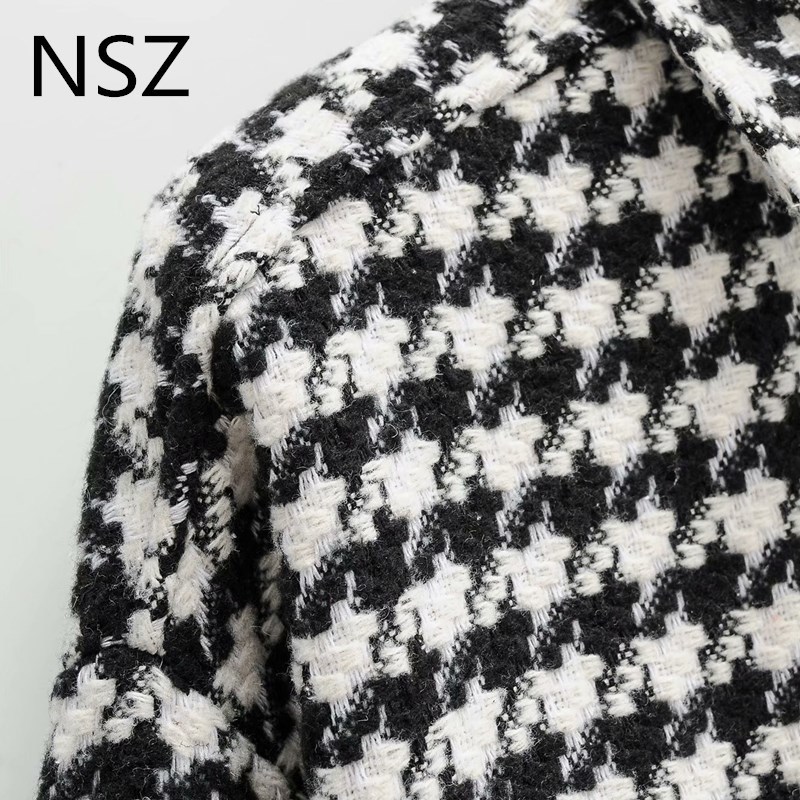 NSZ women black and white houndstooth oversized tweed jacket woolen blend plaid shirt coat checked overshirt outerwear fall 201023