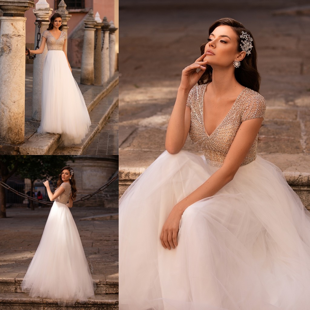 Beaded A Elegant Line Wedding Dresses V Neck Sequined Bridal Gowns Sweep Train Tulle Robe De Marie