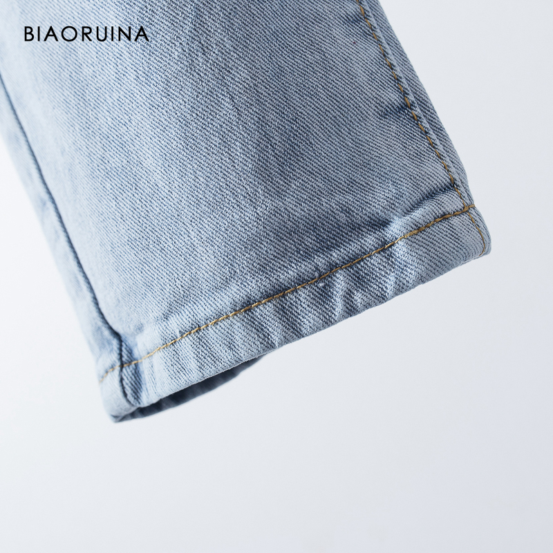 BIAORUINA Women's Washing Light Blue Bleached Jeans Female Fashion High Waist Straight Jeans Ladies Casual Streetwear Jeans 201105