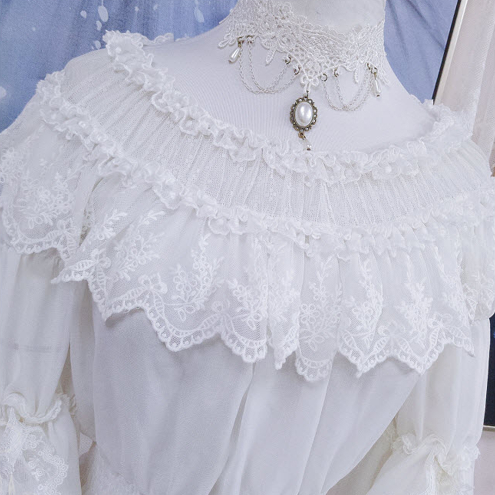 Lace Lolita Shirt Women Floral Embroidery Blouses Shirt Cosplay Ladies Slash Neck Tops Mesh Elegant See-through White Shirt 201125