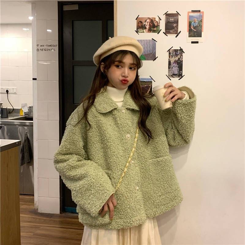 Winter Warm Soft Button Fur Jacket Sweet Elegant Faux Fur Coats Ladies Plush Overcoat Pocket Casual Outerwear Woman Clothes 201112