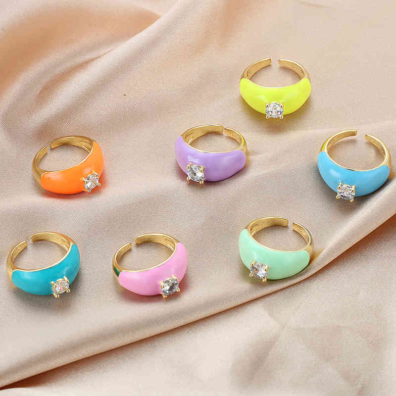 2022 Ins Color Rainbow Fashion Rings for Women Finger Jewelry Clear Cz Colorful Neon Enamel Open Adjusted Dome Ring