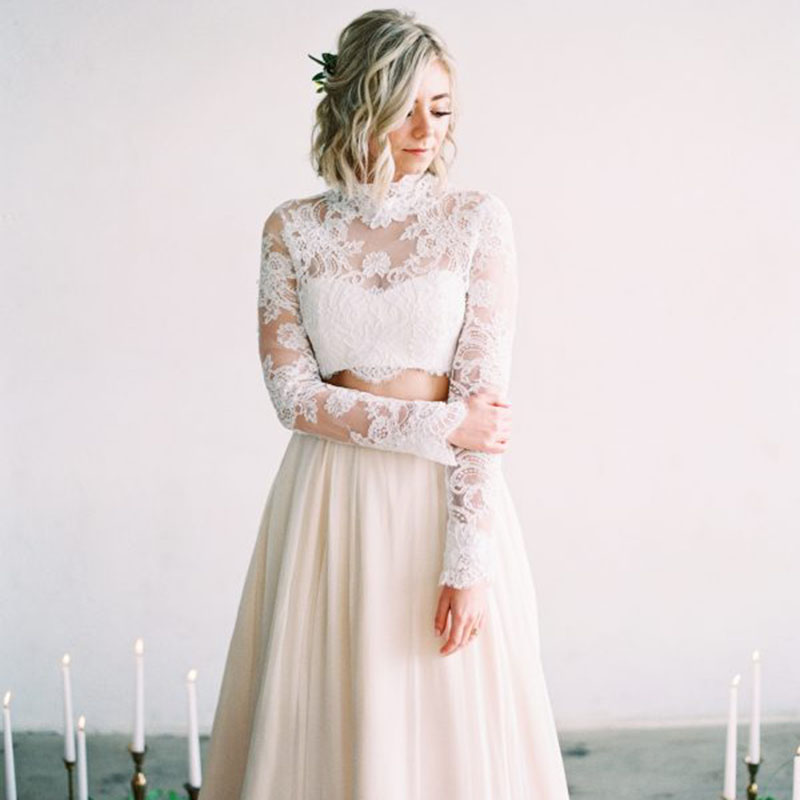 Two Piece Boho Beach Wedding Dress A Line 2021 Long Sleeves Bride Dresses Top Appliqued High Neck Illusion Lace Chiffon Country Bridal Gowns