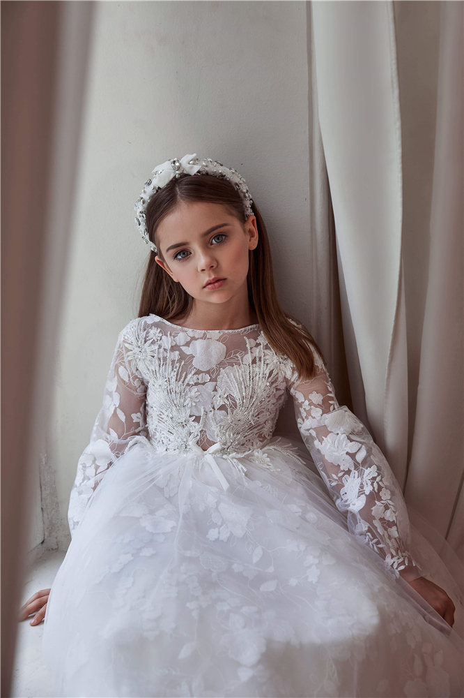 white long sleeve flower girl dresses lace appliques jewel neck kids pageant gowns girls birthday party dress