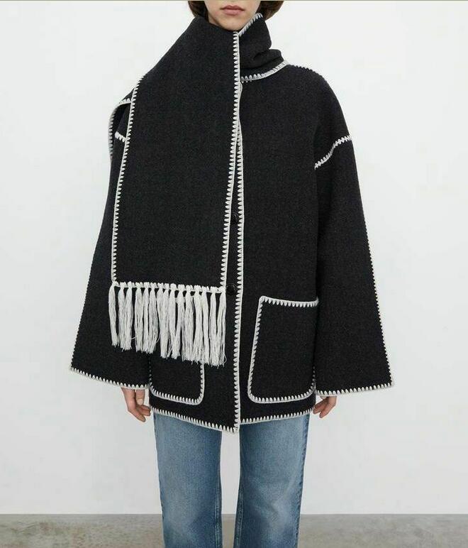 Women's Jackets Embroidered scarf jacket dark grey melange NGCQ, Black