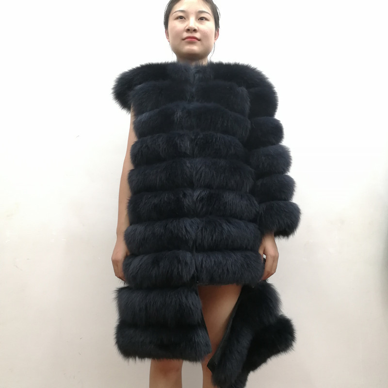 100% Natural Real Fox Fur Coat Women Winter Genuine Vest Waistcoat Thick Warm Long Jacket With Sleeve Outwear Overcoat plus size 201103