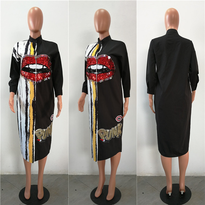 Long Sleeve Shirt Dress Women Autumn Fashion Stand Collar Button up Blouse Dress Ladies Streetwear Oversized Sequin Shirt Dress T200107