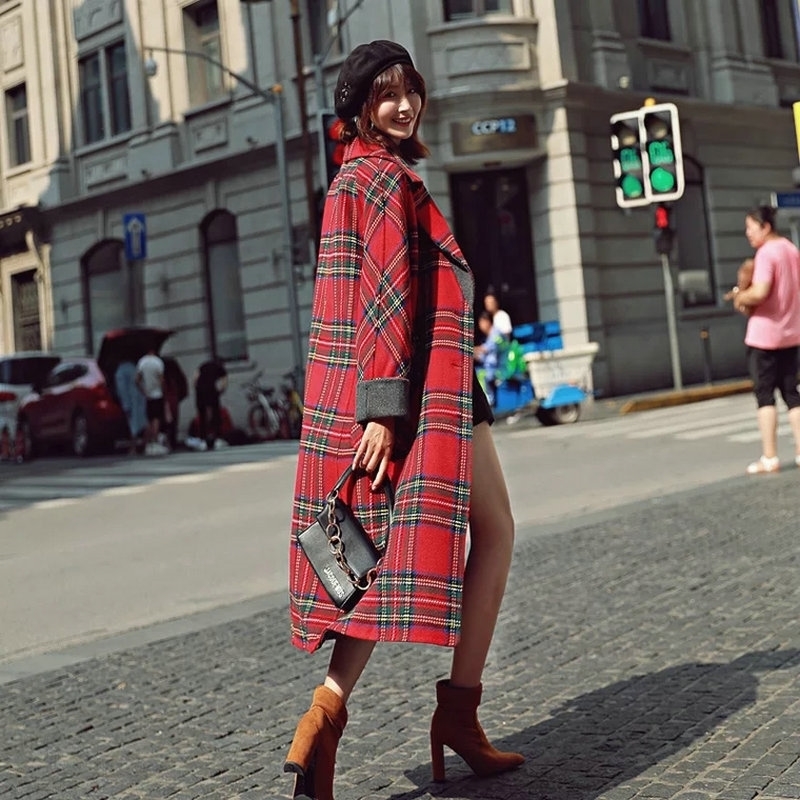 New Arrival Women Red Plaid Blend Wool Coat Casual Single Button Thick Warm With Pocket Elegant Long Fashion Feminine Outwear 201102