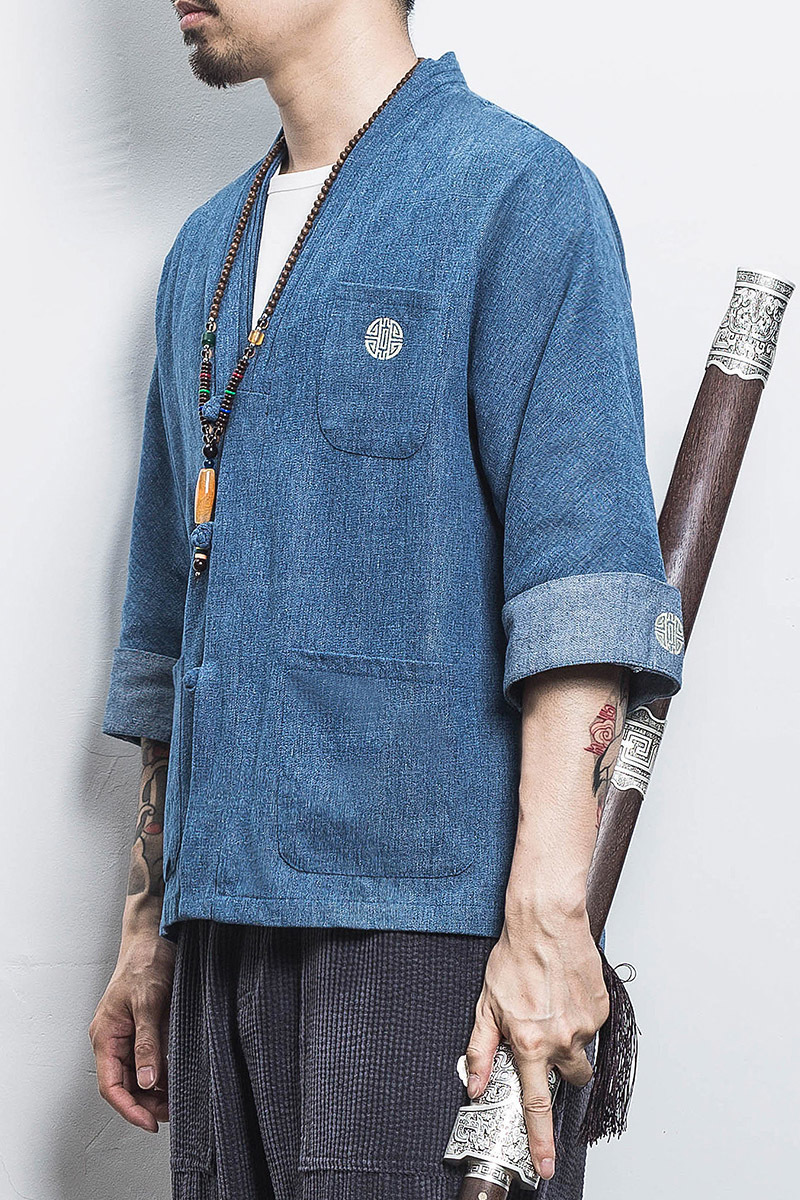 MRDONOO Chinese Stylel 100% Cotton Kimono Cardigan Men Vintage Denim Jacket Casual Coat Male Streetwe Plus Size A032-KS001 T200502