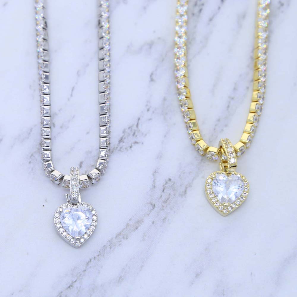 2021 valentines day gift jewelry 5a cubic zirconia 3mm cz tennis chain halo heart pendant ice necklace for girlfriend