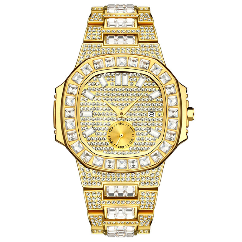 Promotional men's fashion watch 18K diamond 30M waterproof luxury watch hip-hop classic gold Japan quartz watches men's bracelet