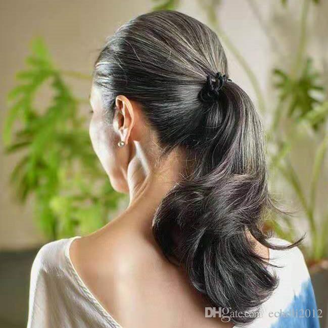 Natural wavy gray malaysian ponytail hairpiece salt and pepper brown mixed grey human hair drawstring pony tail extension clip in DIva2 10-22inch